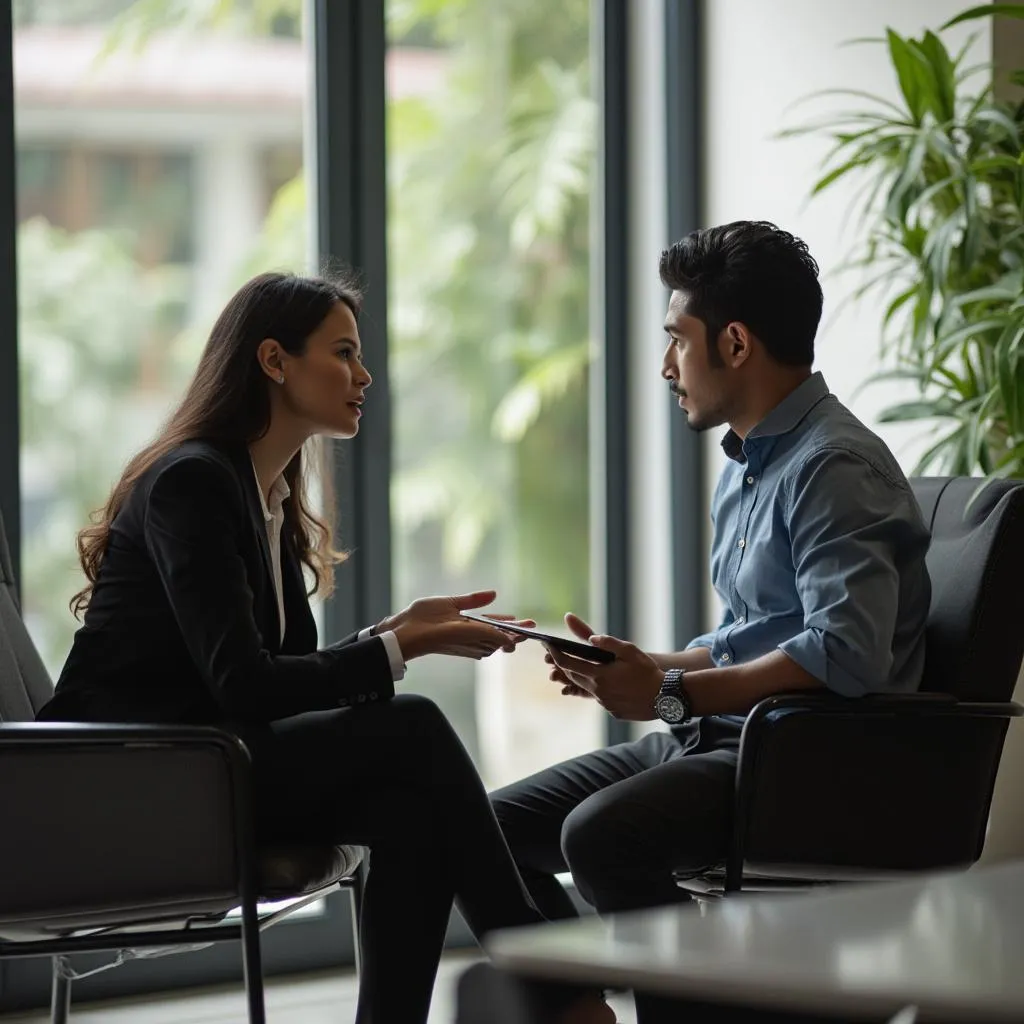 Consultor financiero colombiano en reunión con cliente