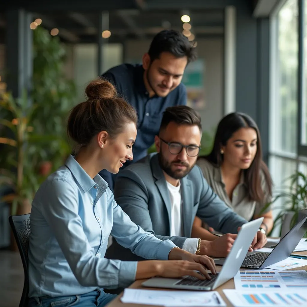 Equipo de consultoría financiera trabajando en oficina en Colombia